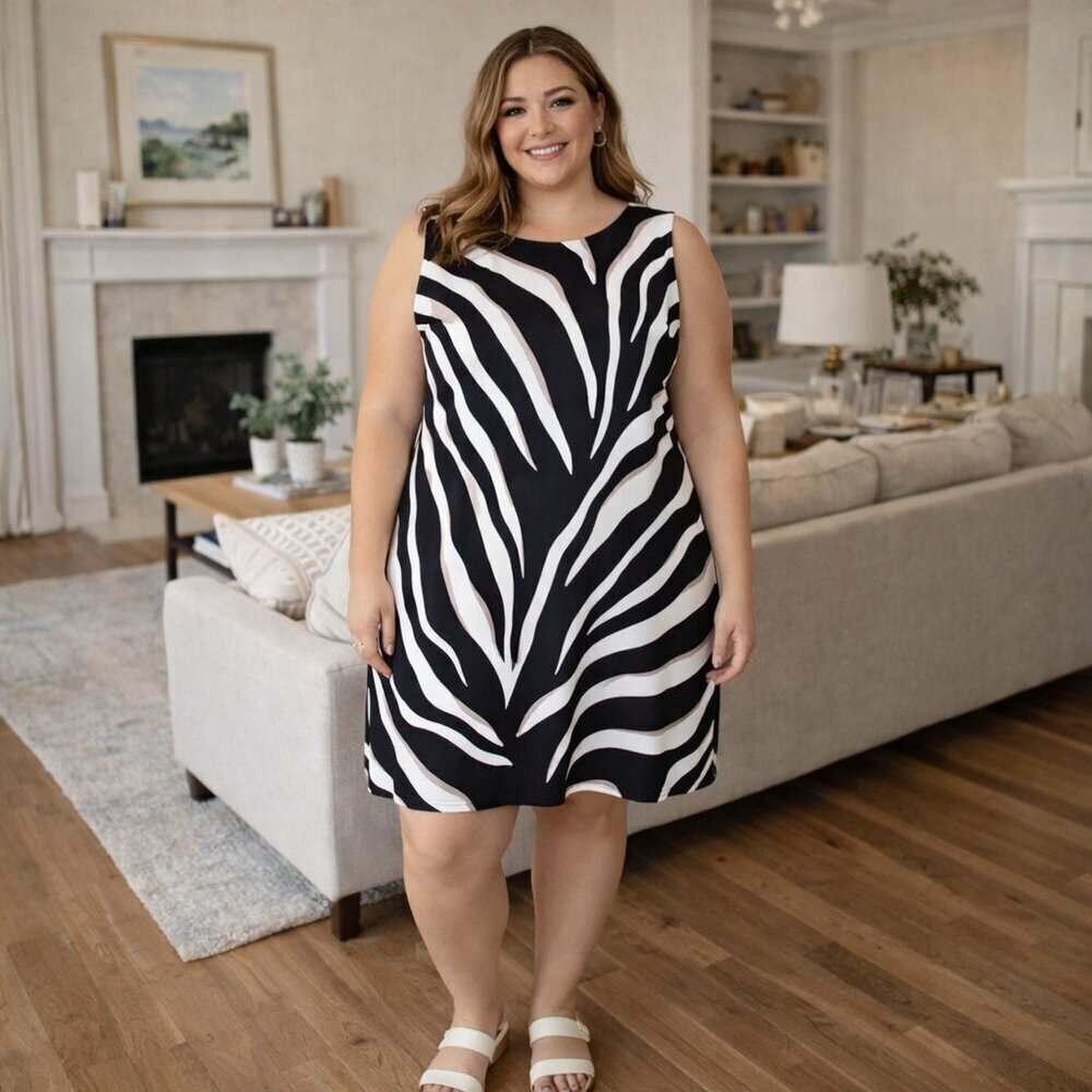 Charter Club Zebra Print Dress Size L Black White Sleeveless Casual Summer Shift